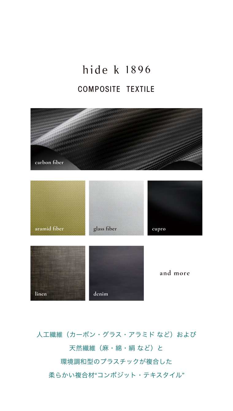 materials hide k 1896 composite textile 人工繊維（カーボン・グラス・アラミド など）および天然繊維（麻・綿・絹 など）と環境調和型のプラスチックが複合した柔らかい複合材“コンポジット・テキスタイル”